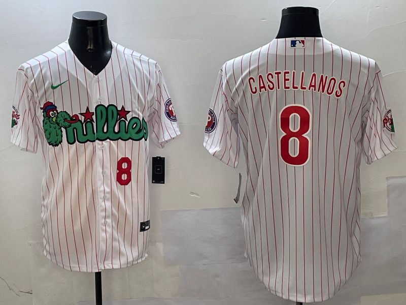 Men Philadelphia Phillies #8 Castellanos White Stripe Three generations Joint Name Game 2025 Nike MLB Jersey style 4
